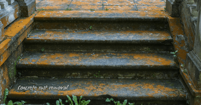Concrete steps with orange rust stains and some plants growing