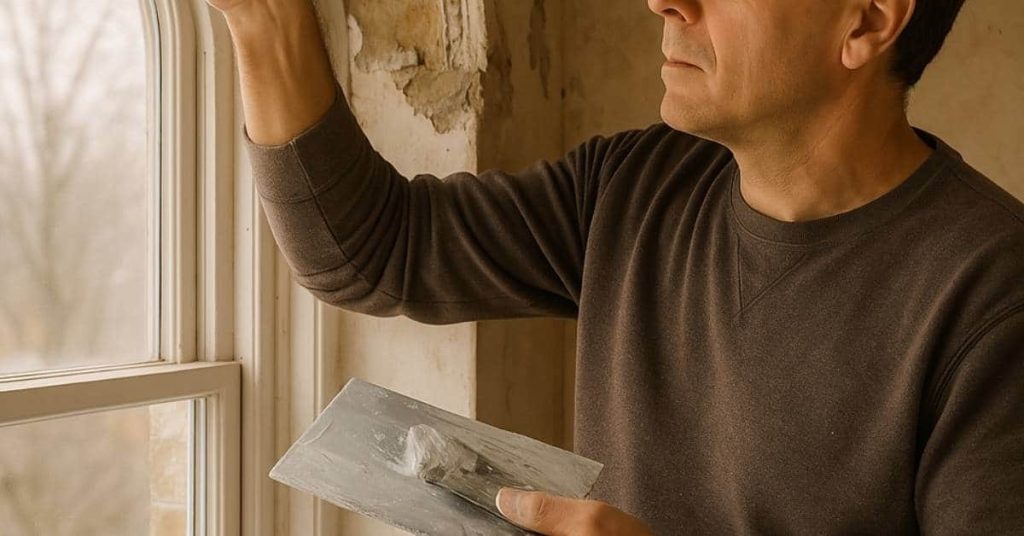 Man applying plaster around window casing with trowel