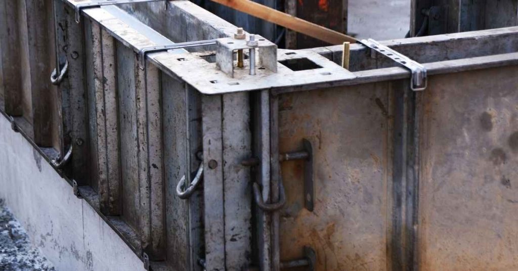 Metal formwork panels assembled for concrete pouring