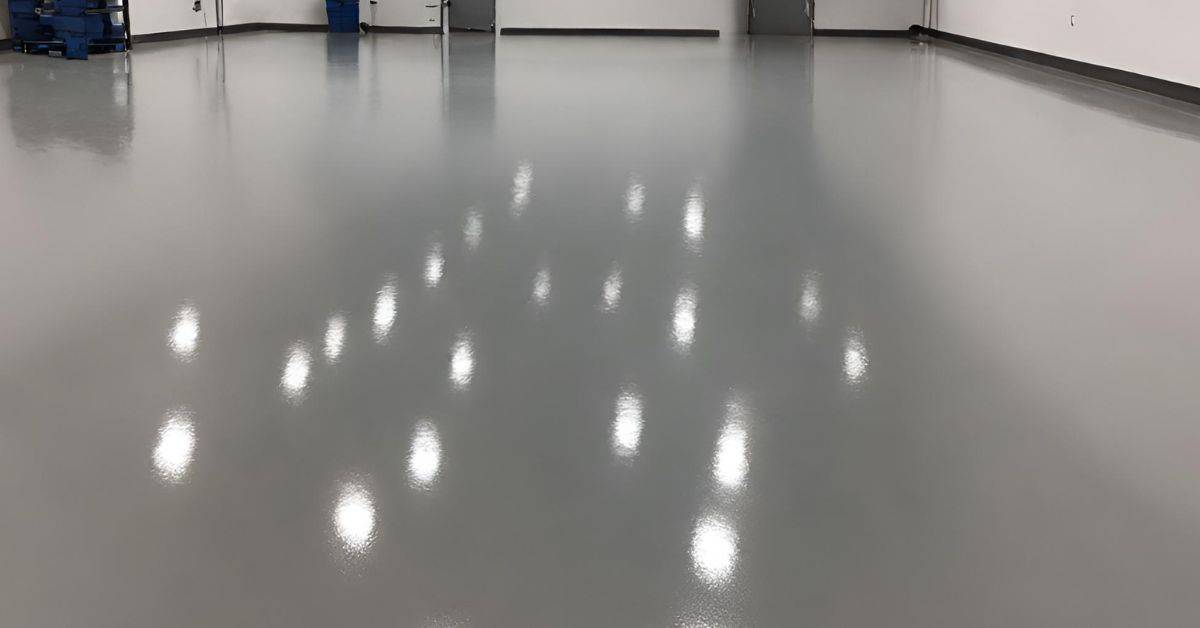 Smooth gray coated concrete floor reflecting ceiling lights
