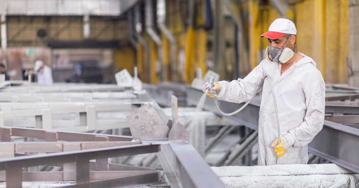 Worker wearing protective gear spraying paint on metal structure