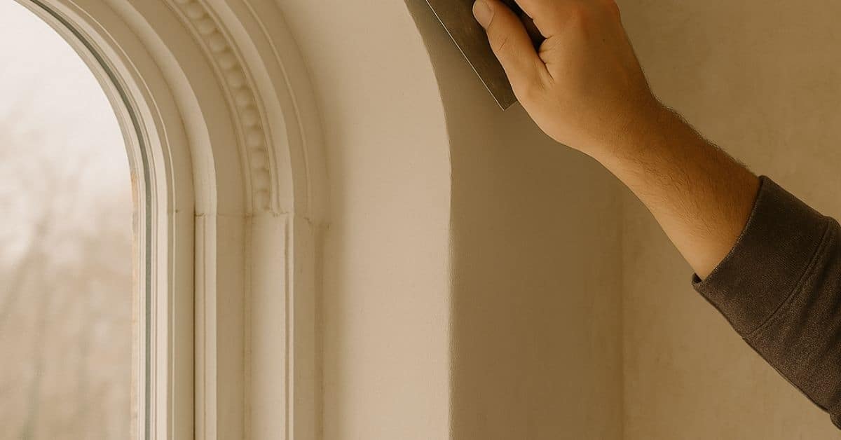 Hand smoothing plaster around arched window casing