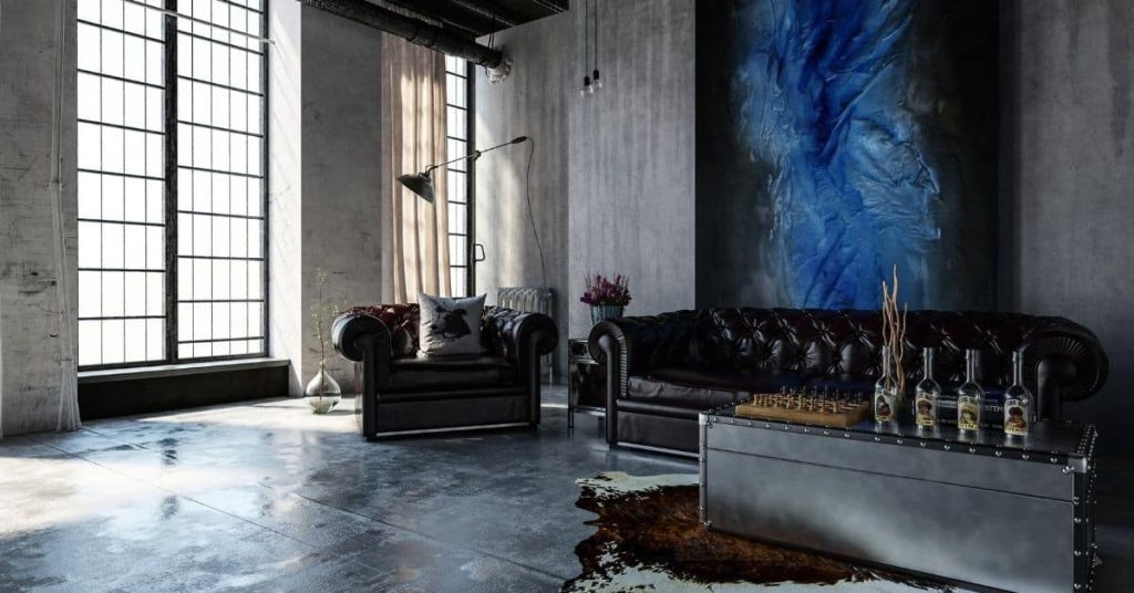 polished concrete floor in industrial style living room