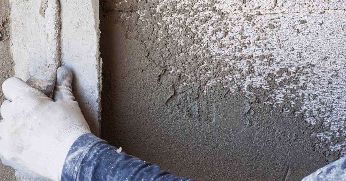 Gloved hand applying base coat stucco on wall surface