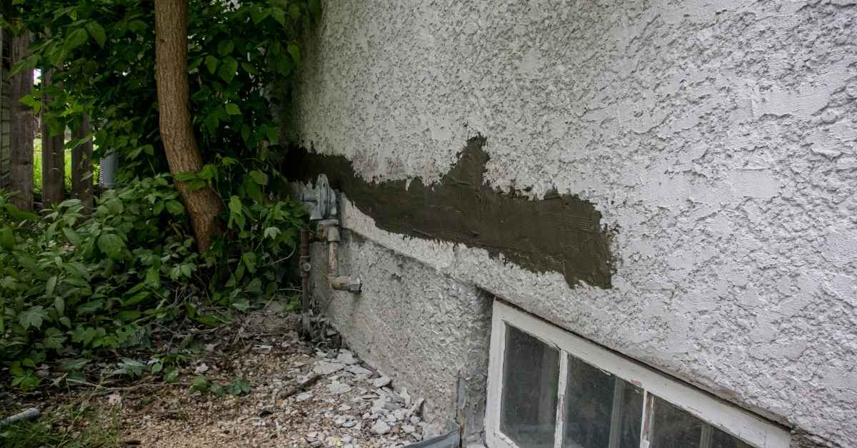 Exterior stucco wall with fresh patch over crack near window