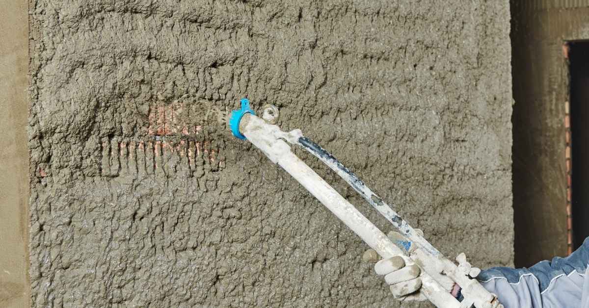 Close-up of stucco being sprayed onto wall with textured finish