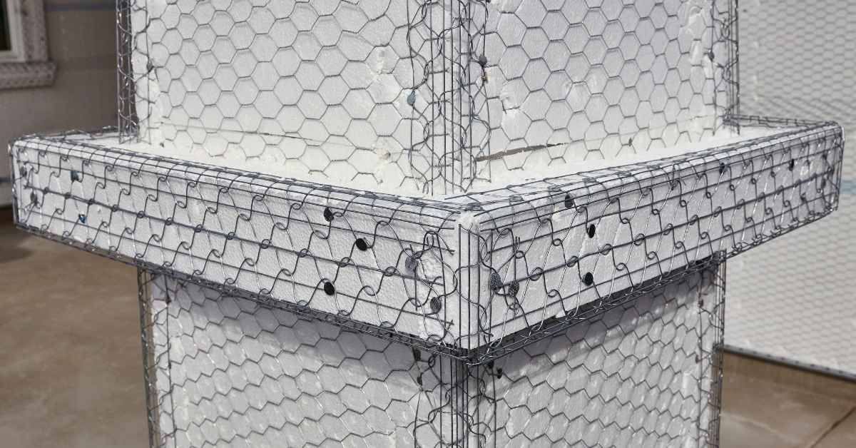 Wire lath wrapped around foam board corner framing