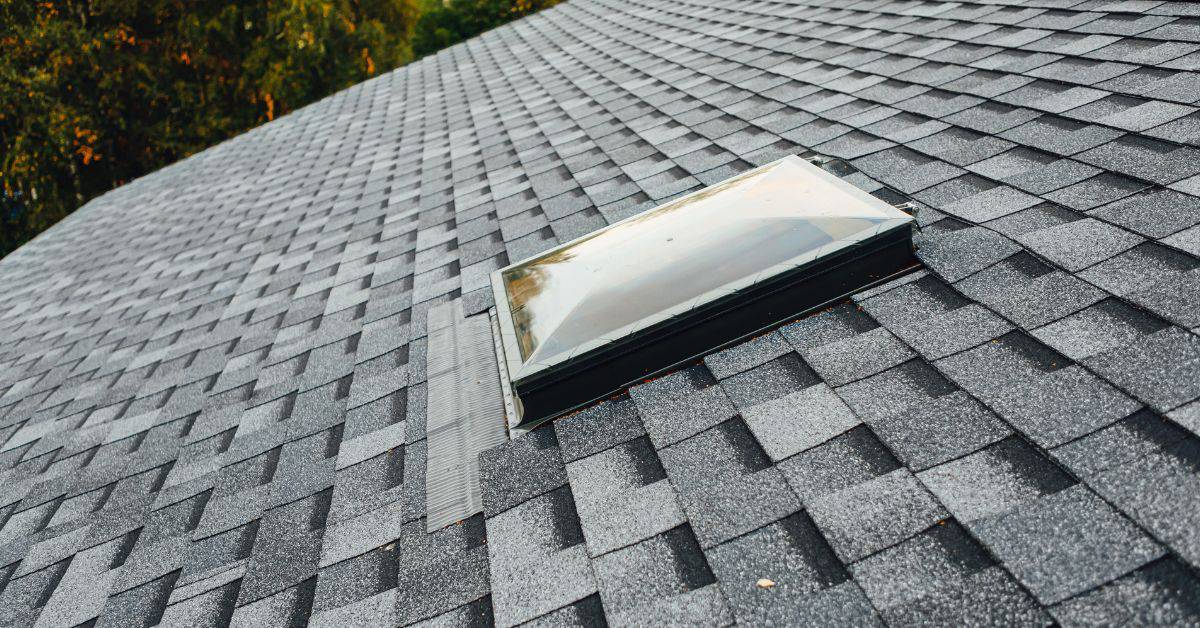 Close up of gray composition shingle roof with skylight
