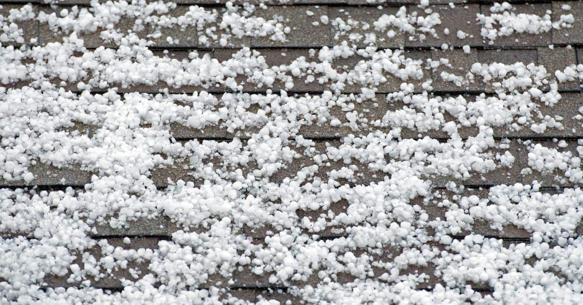 brown asphalt roof covered with small white hail pellets