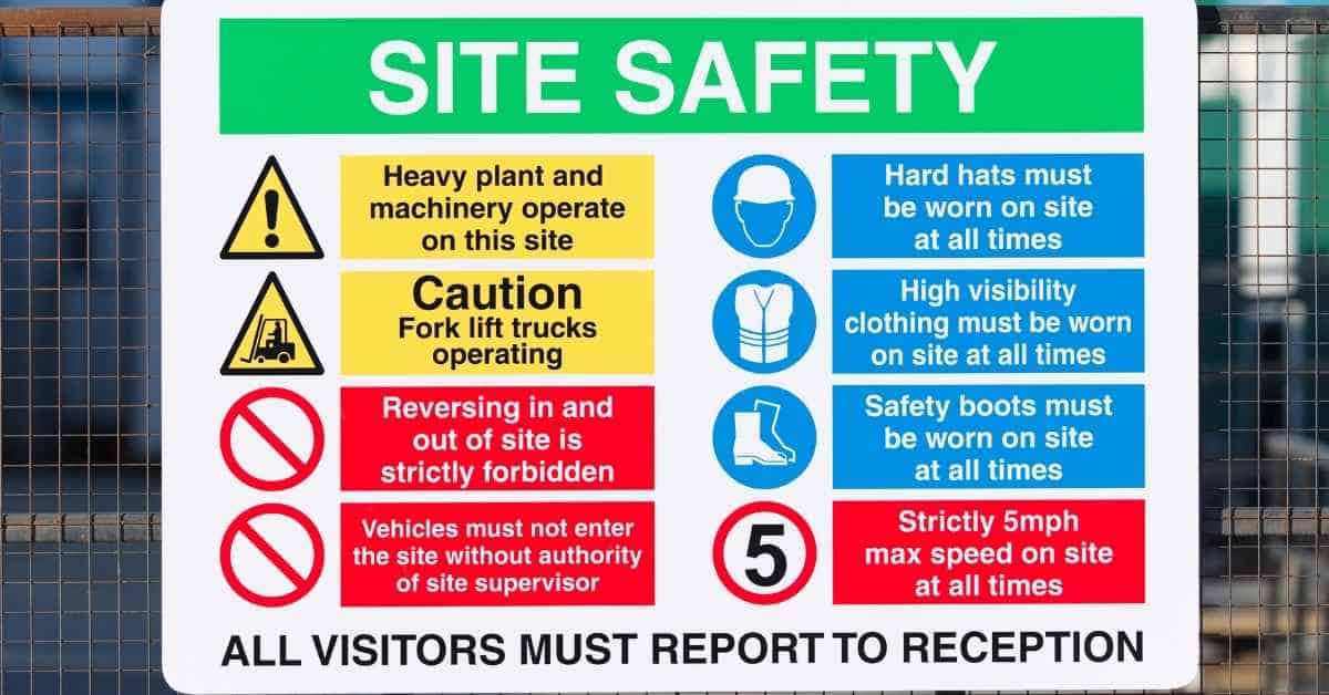 Site safety sign with warnings and mandatory protective gear icons