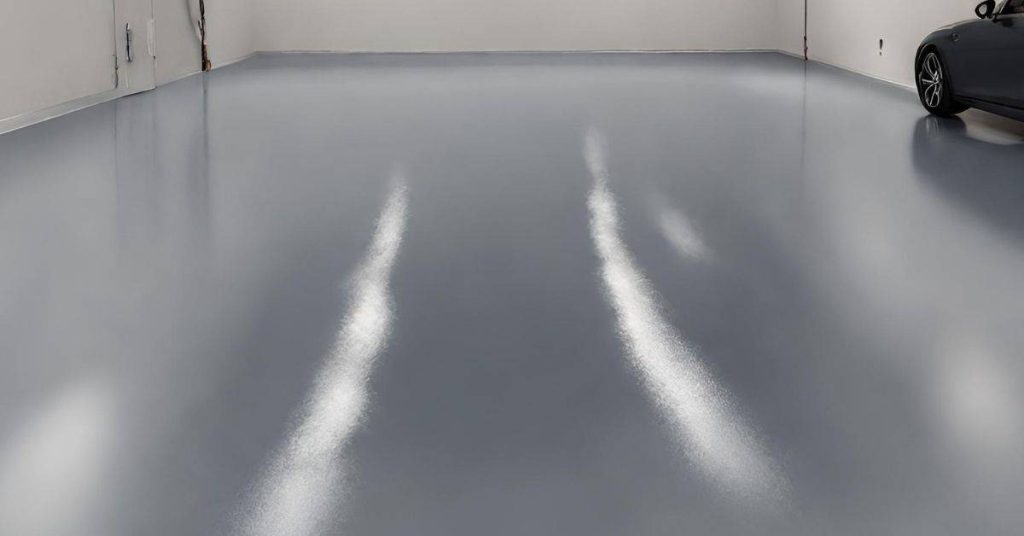 Smooth grey epoxy coated concrete floor in garage