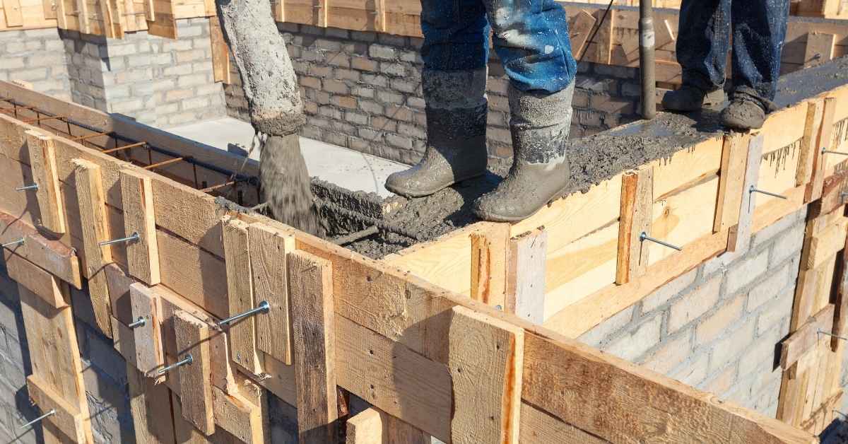 Workers pouring concrete into wooden formwork with reinforcing bars