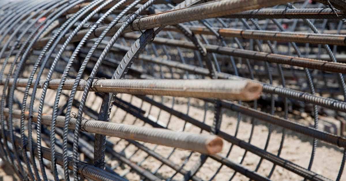 Close-up of steel rebar cage framework on construction site