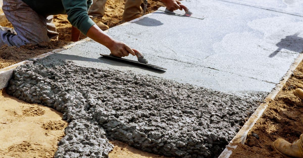 Two workers smoothing wet concrete slab with trowels