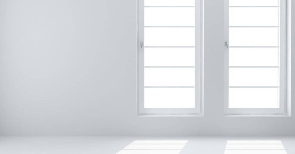 Two white framed windows on white painted wall