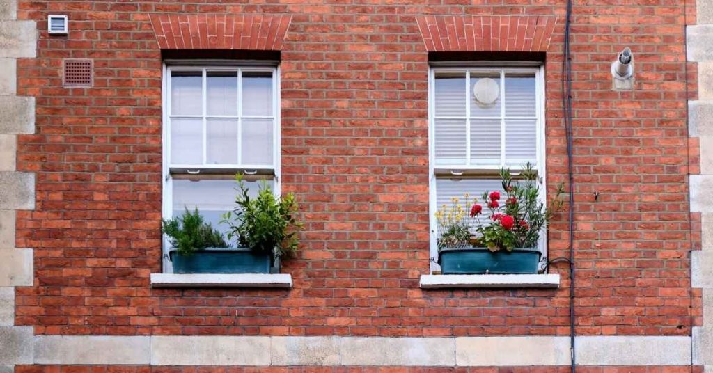 Two white windows in red brick wall with flower boxes