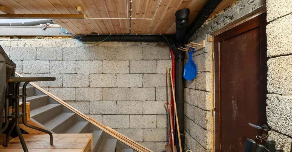 unfinished basement with concrete block walls wooden ceiling and stairs
