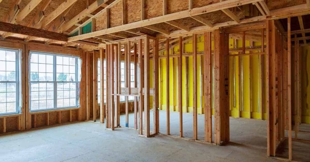 Wood framing and studs in residential construction interior
