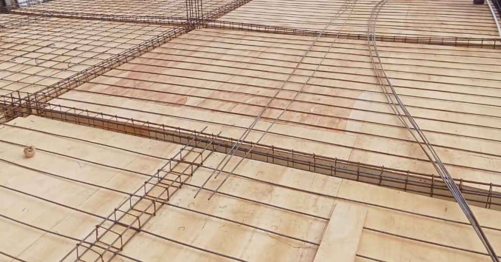 Wooden formwork with rebar grid for concrete slab
