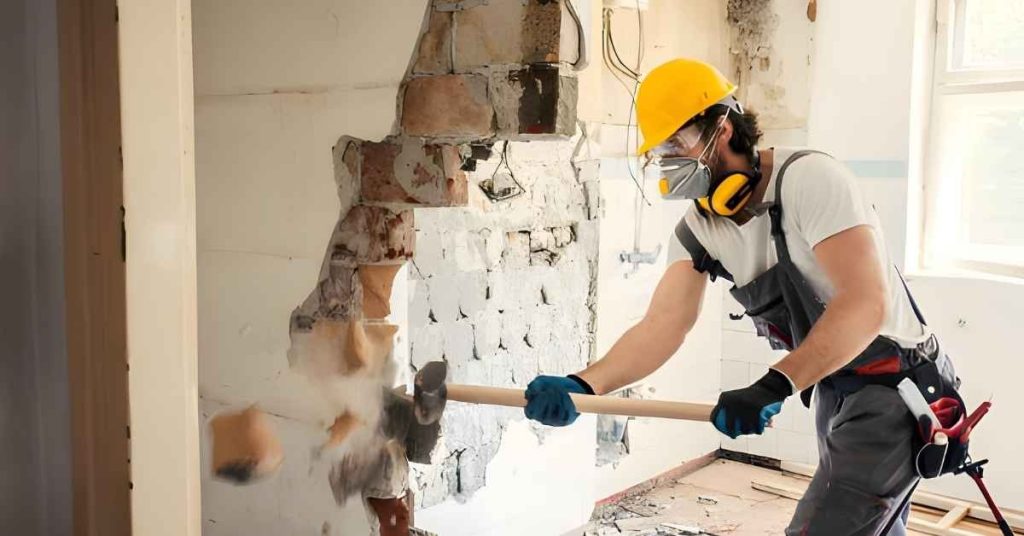Worker with sledgehammer demolishing interior wall