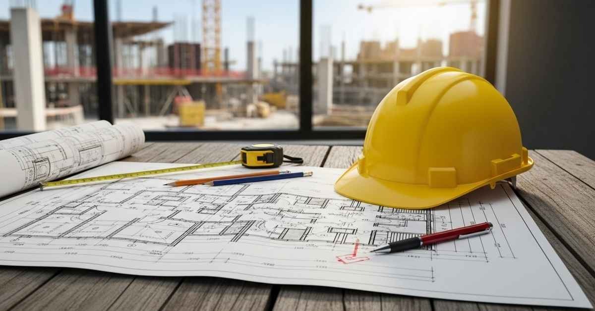 Yellow construction helmet tape measure pencils on architectural plans