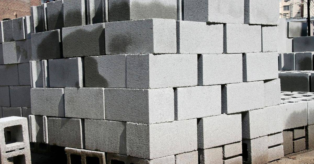 Stacked gray concrete cinder blocks outdoors