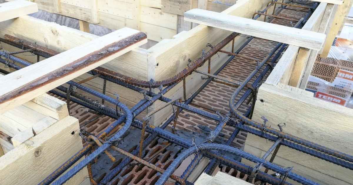Wooden formwork with steel rebar reinforcement grid