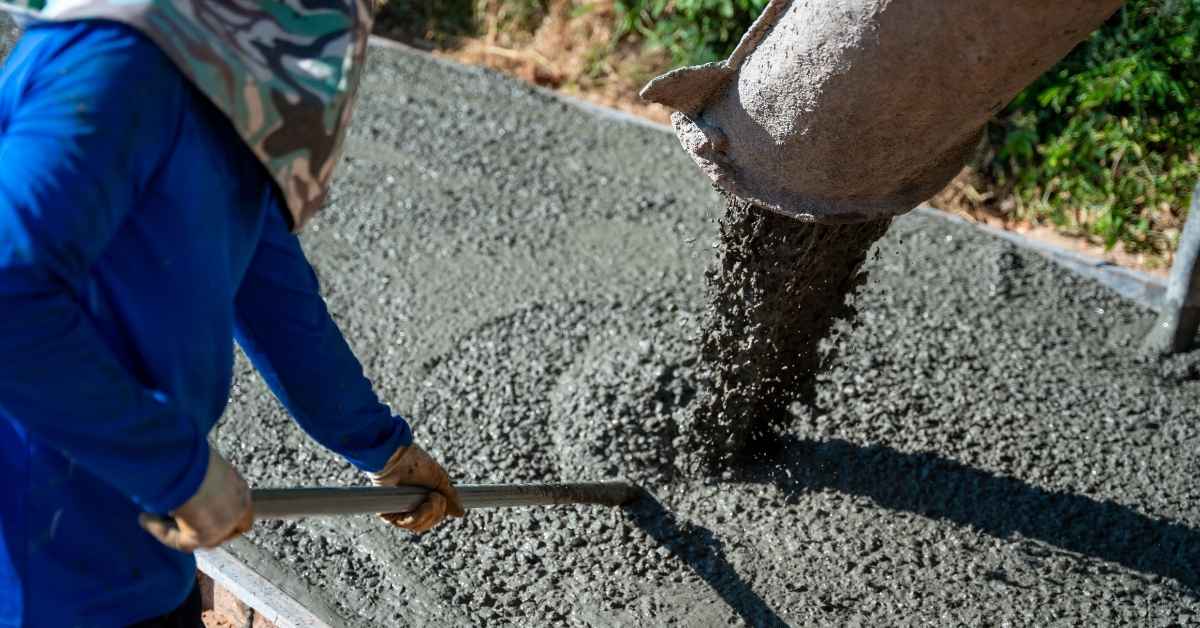 Worker pouring and spreading concrete outdoors