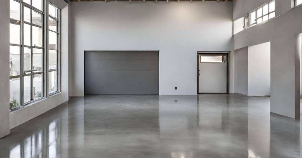 empty room with polished concrete floor and large windows