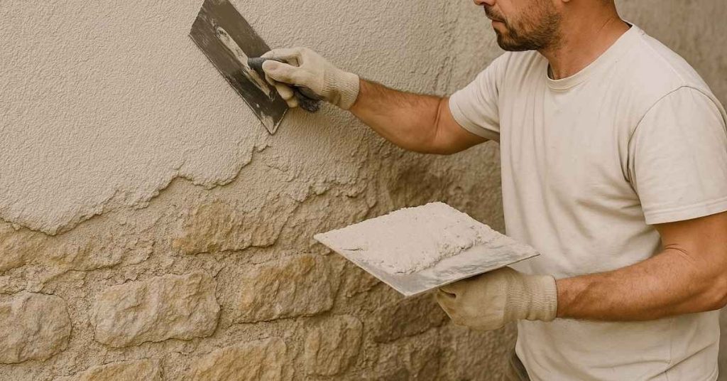 Person applying clay plaster over rough stone wall