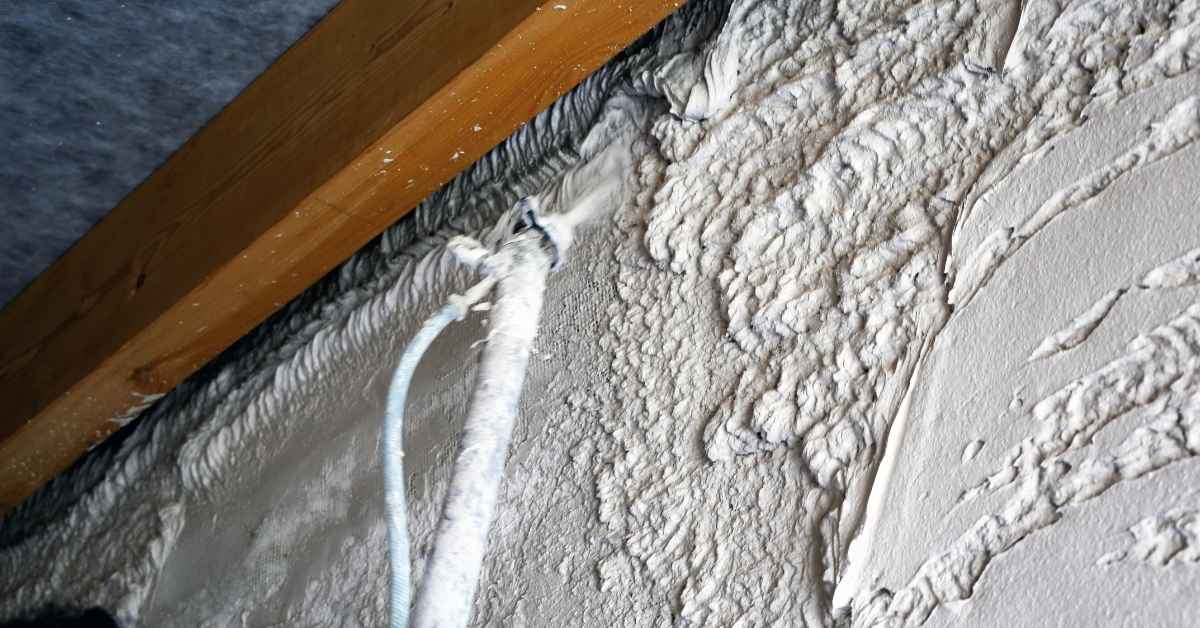 Spray foam insulation being applied to block wall near wooden beam