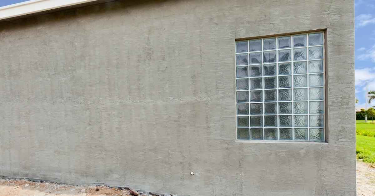 Stucco wall with a glass block window installed