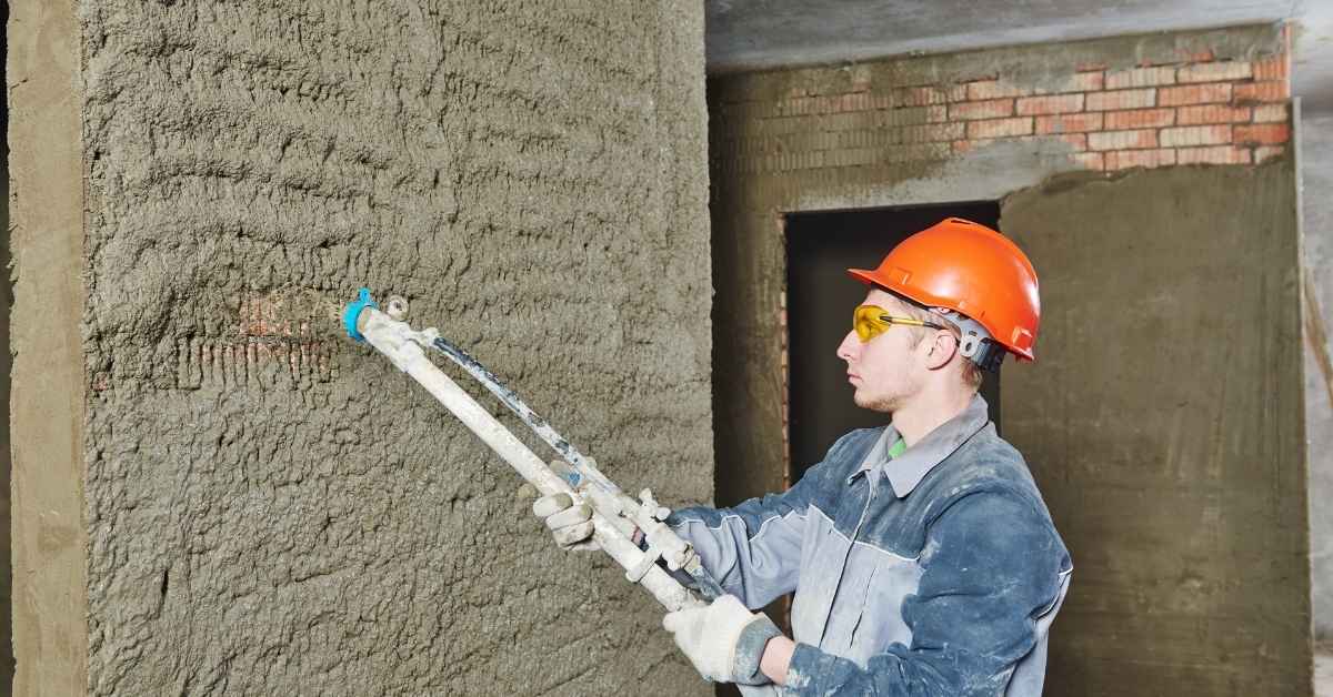 Construction worker spraying rough stucco texture on wall