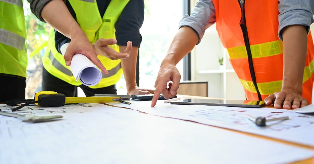 Construction workers in safety vests pointing at building plans on table