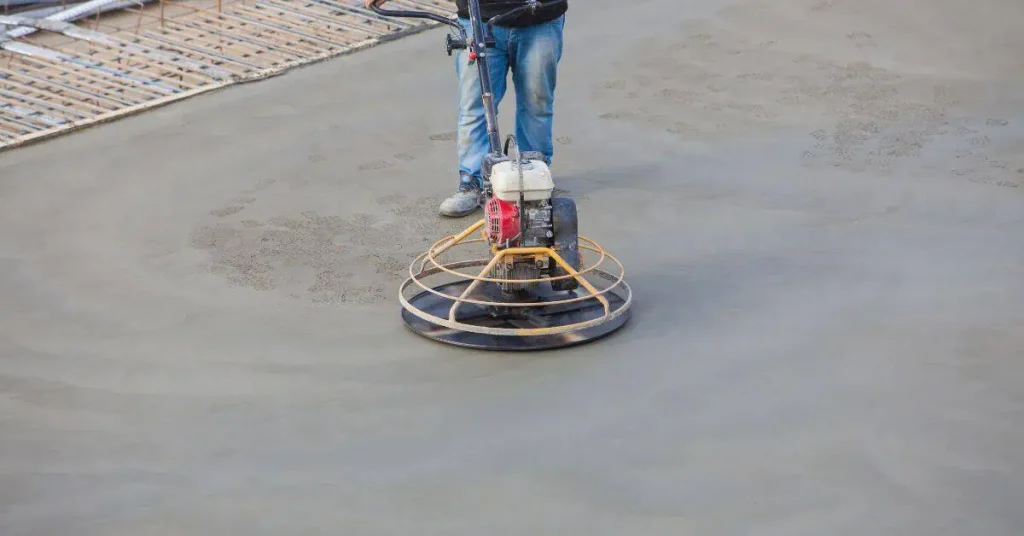 Worker operating a power trowel on a fresh concrete slab